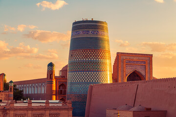 Kalta Minor minaret at sunset. UNESCO cultural heritage site.