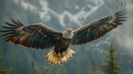 Bald Eagle Haliaeetus leucocephalus perched towering tree branch overlooking rugged mountain landscape keen eye scanning terrain below unwavering focus intensity 