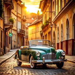 A classic vintage car parked on a cobblestone street