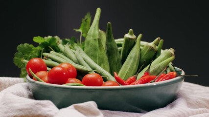 Vibrant and Fresh Assortment of Colorful Vegetables Accompanied by Spicy Chili Peppers okra 