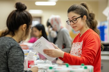 Young Volunteers Organizing Supplies in Community Center During Afternoon Event for Local Youth Services