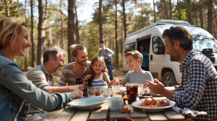 A multigenerational family dining al fresco in their automobile during a caravan holiday, family...