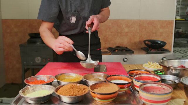 The cook's hands scoops various spices into a ladle with a spoon, measuring a portion of seasonings for cooking pilaf with meat on a gas stove in a cast iron frying pan.