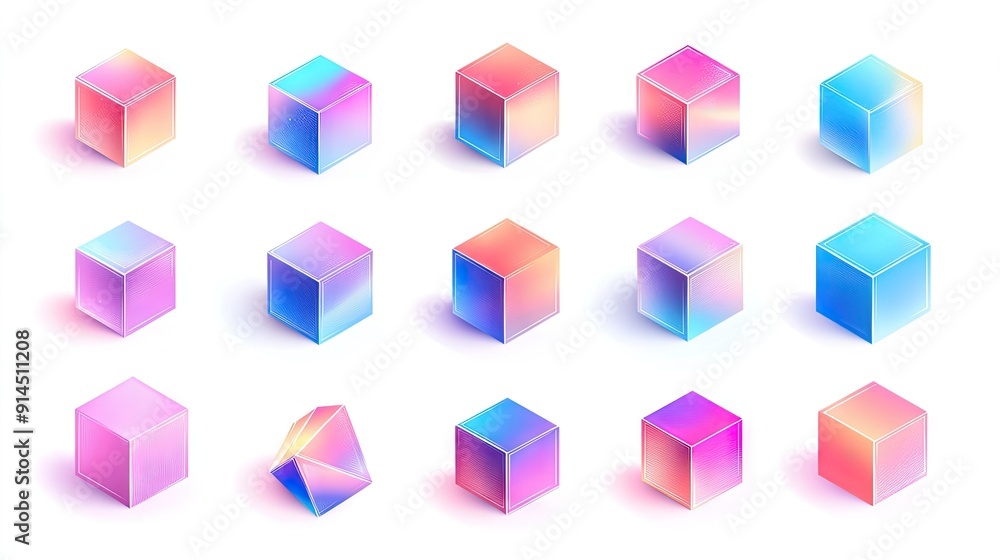 Poster set of 3d geometric cubes in various gradient hologram color shades, showcased on a white background