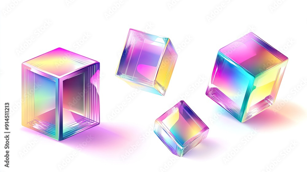 Poster set of 3d geometric cubes with vibrant gradient hologram colors, displayed against a white backgroun