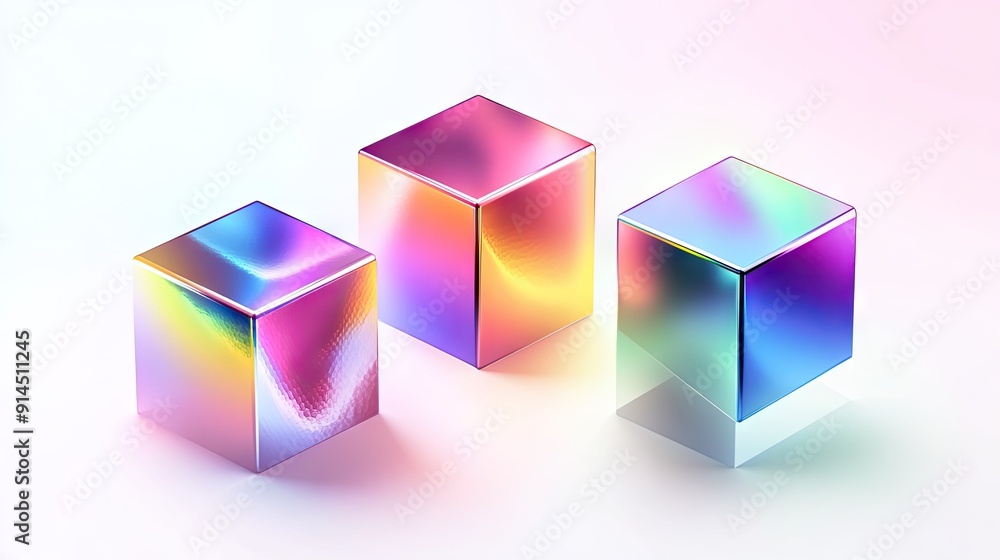 Poster set of 3d geometric cubes with vibrant gradient hologram colors, displayed against a white backgroun