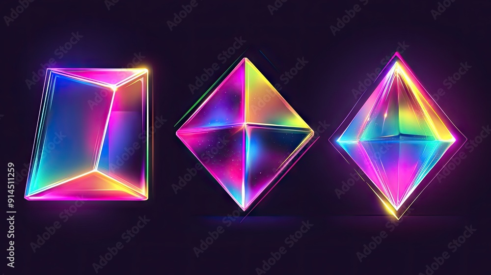 Poster set of geometric shapes: cube, rectangular cuboid, and pyramid prism in neon holographic colors, sho