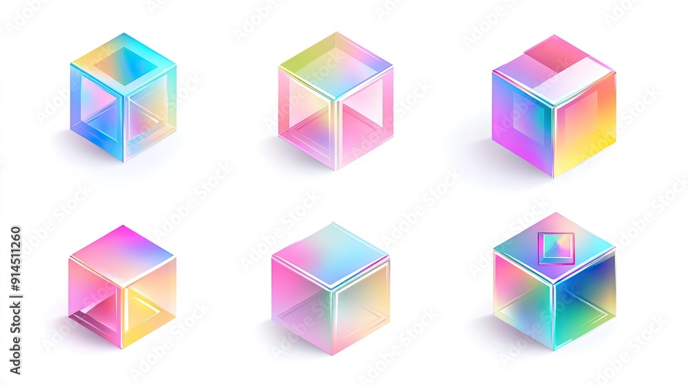 Poster set of 3d geometric cubes with vibrant gradient hologram colors, displayed against a white backgroun
