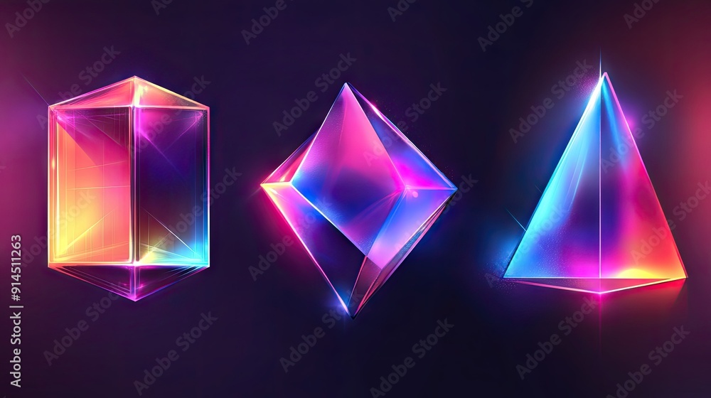Poster set of geometric shapes: cube, rectangular cuboid, and pyramid prism in neon holographic colors, sho