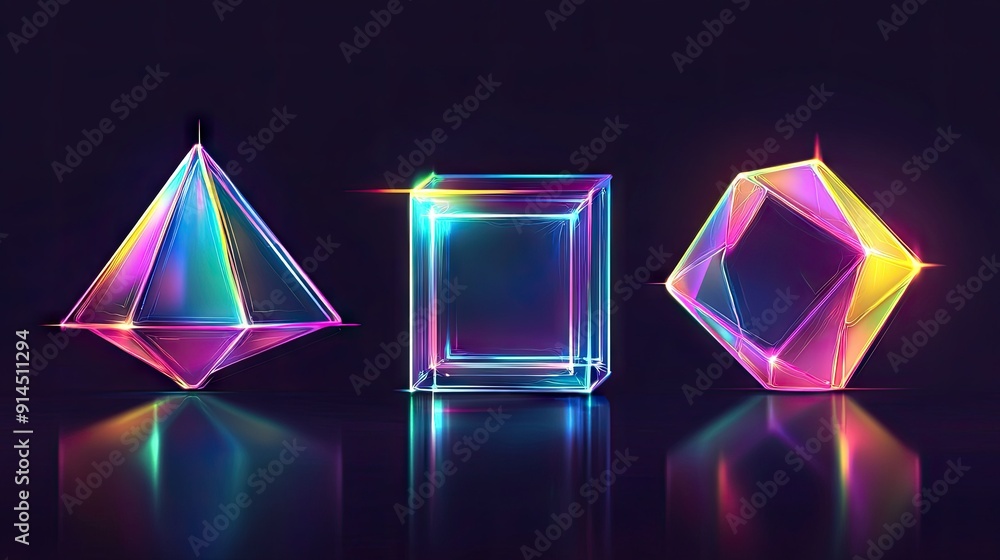 Poster set of geometric shapes: cube, rectangular cuboid, and pyramid prism in neon holographic colors, sho