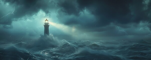 Majestic lighthouse beaming its light across a stormy sea, 4K hyperrealistic photo