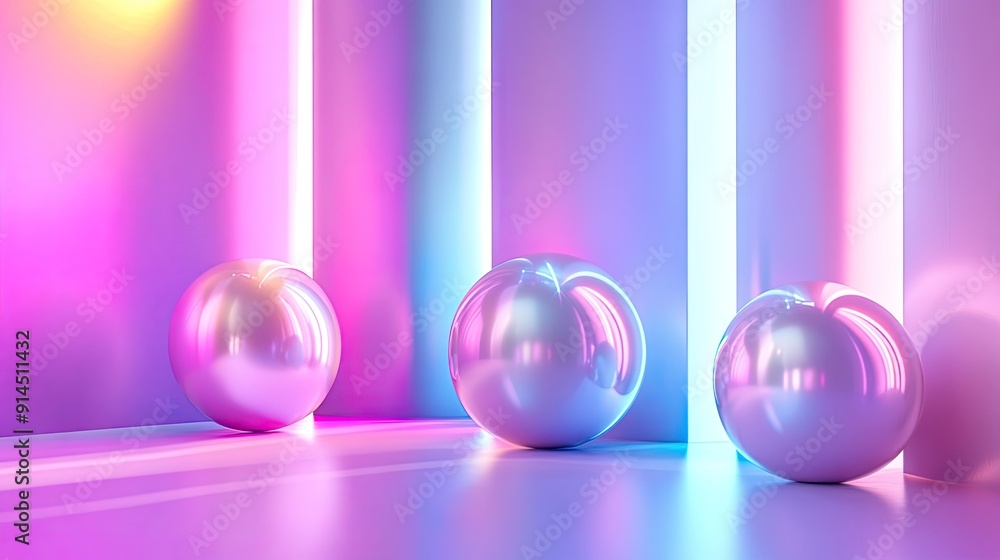 Poster shiny 3d shapes in luminous elegance on a vibrant neon gradient stage, captured in a stunning 3d ren