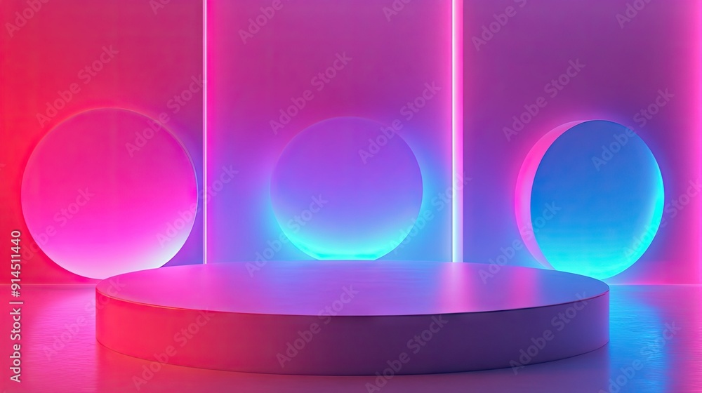 Poster shiny 3d shapes in luminous elegance on a vibrant neon gradient stage, captured in a stunning 3d ren