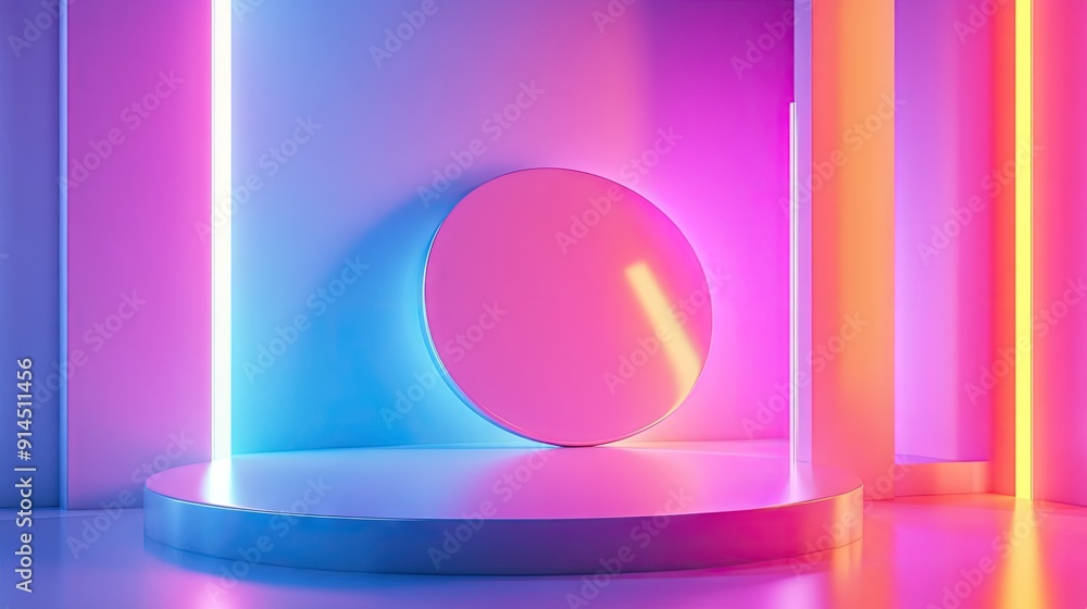 Poster shiny 3d shapes in luminous elegance on a vibrant neon gradient stage, captured in a stunning 3d ren