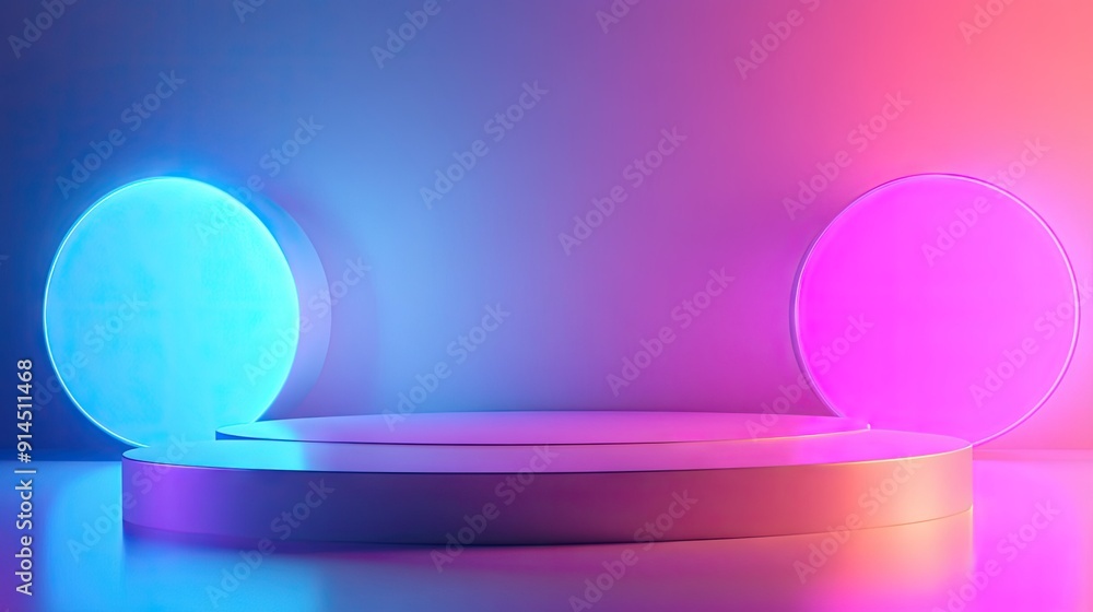 Poster shiny 3d shapes in luminous elegance on a vibrant neon gradient stage, captured in a stunning 3d ren