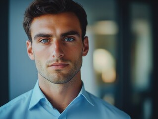 Obraz premium Close-up shot of a person wearing a blue shirt, focusing on the garment and the wearer's hands