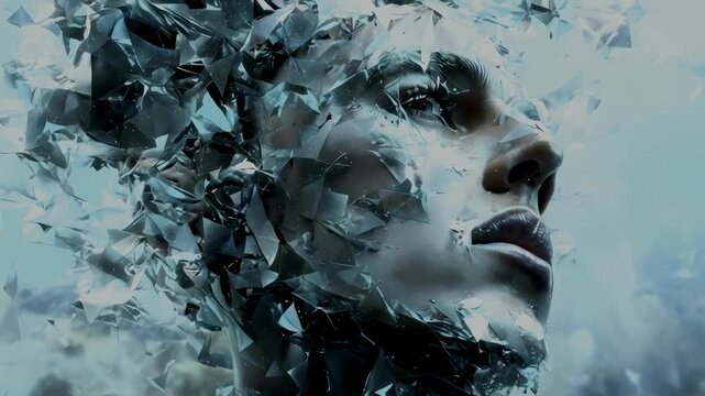 A close-up view of a person's face obscured by shattered glass fragments, creating a surreal and reflective effect. The image has a dramatic and moody atmosphere, suggesting contemplation or