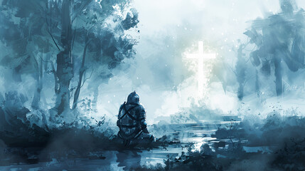 Knight kneeling faith hope religion Christianity spiritual God cross armor warrior forest painting art digital art concept art fantasy dark fantasy epic light in the darkness hope in the darkness