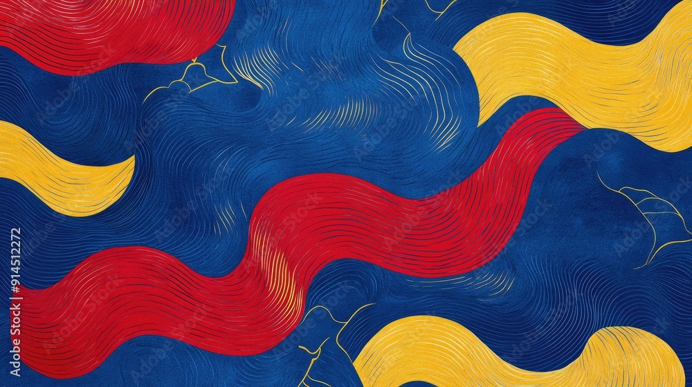 Poster striking blue backdrop featuring red and yellow wave motifs, offering a dynamic and modern design fo