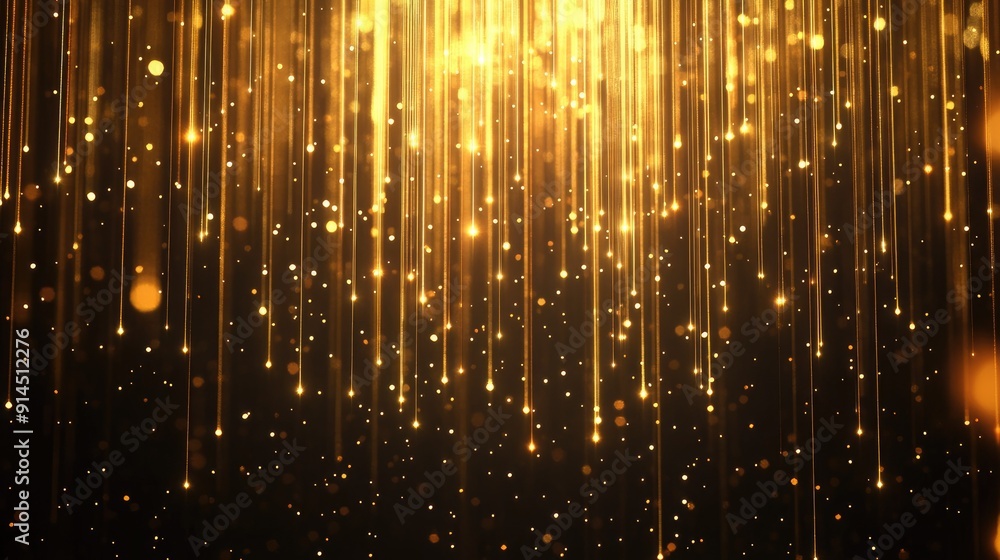 Poster sparkling gold vertical lighting lines on dark background, creating a luxurious atmosphere with spac