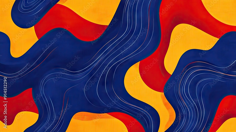 Poster striking blue backdrop featuring red and yellow wave motifs, offering a dynamic and modern design fo