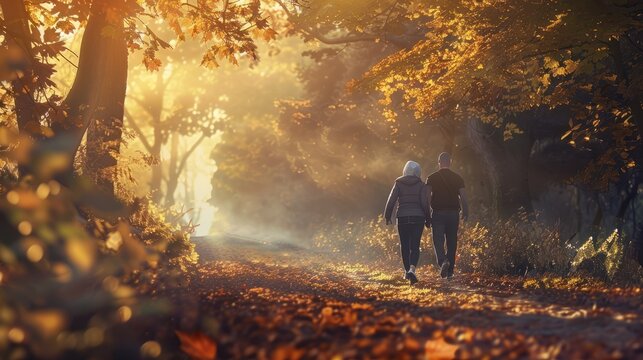 Ai persone anziane che praticano felici attivit&Atilde;&nbsp; fisica, passeggiando nel bosco 05