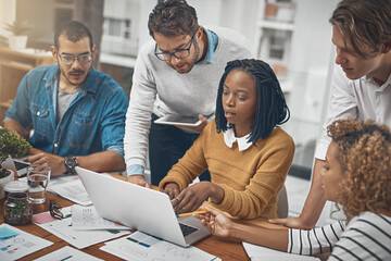 Team, meeting and laptop in office for budget, finance planning and business strategy. Men, women and stats on documents with tech for research analysis, feedback and creative startup review in city