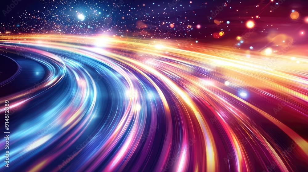 Poster vector illustration of colorful light trails with long exposure motion blur, creating a dynamic and 