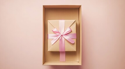 Surprise gift package inside a mailer box, displayed on a light color background. Great for advertising gift packaging and delivery services.
