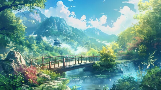 Beautiful fantasy summer natural scenery background animation with Japanese anime watercolor painting style, fantasy, summer, natural, scenery, background, animation, Japanese