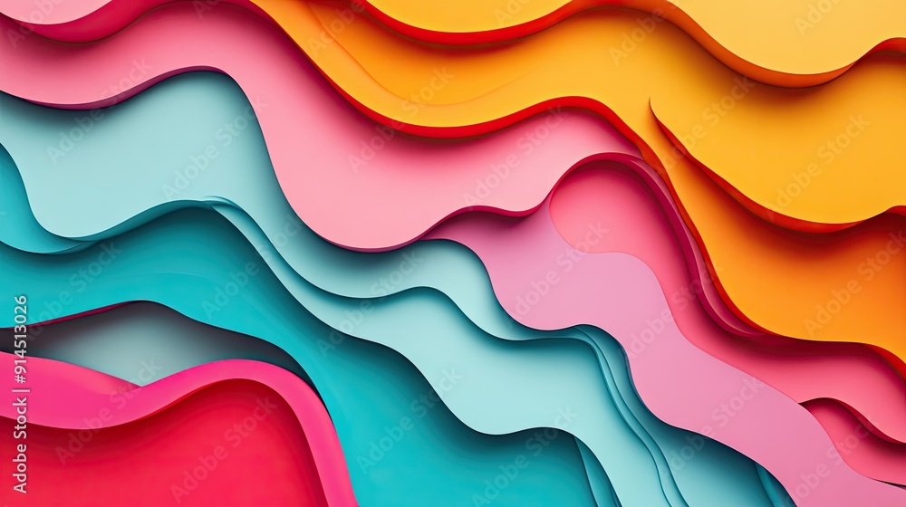 Poster vibrant 3d background with colorful overlapping layers and wave decorations, ideal for contemporary 