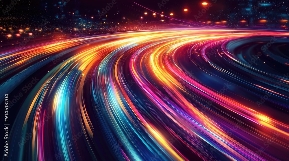 Poster vibrant and dynamic vector design of colorful light trails with a long time exposure motion blur eff