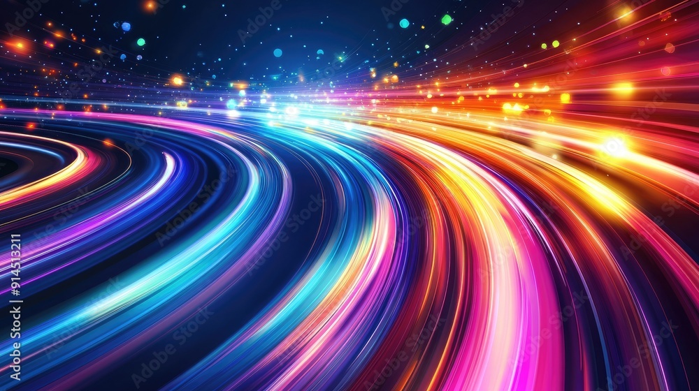 Poster vibrant and dynamic vector design of colorful light trails with a long time exposure motion blur eff