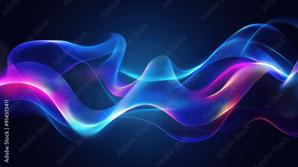 Poster vibrant glowing wave lines on a dark blue background, creating a captivating and stylish visual effe