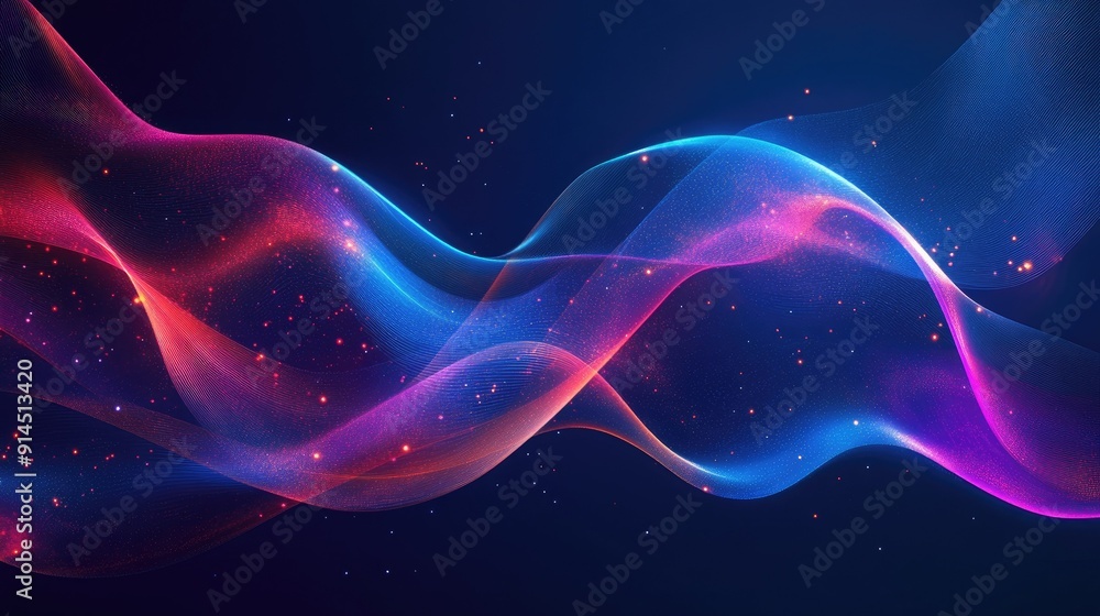 Poster vibrant glowing wave lines on a dark blue background, creating a captivating and stylish visual effe