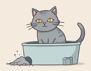 Gray cat is depressed about messy litter box. 