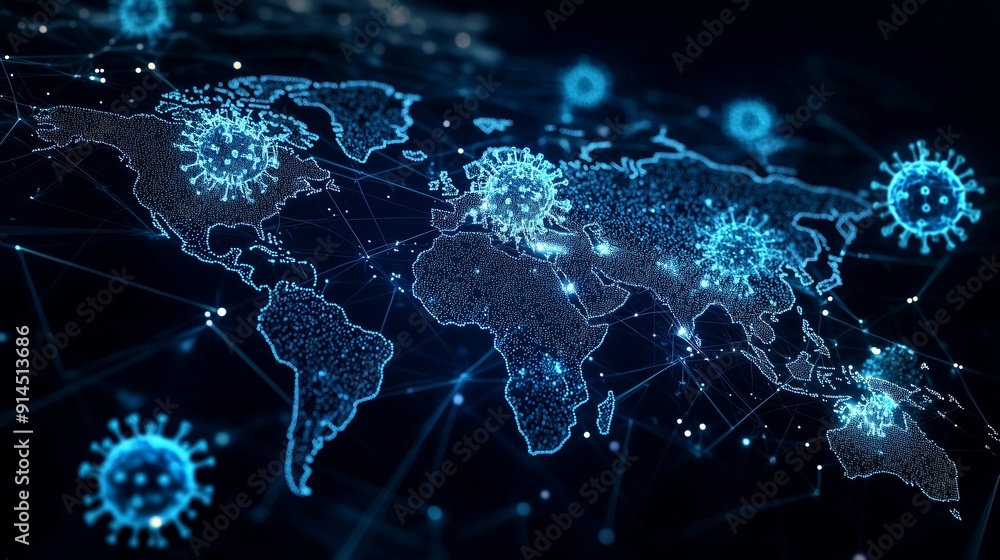 Poster global disease spread represented in digital map with network connections and virus icons