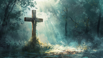 Naklejka premium Wooden cross in forest sunlight nature religion faith hope christianity spiritual green trees swamp landscape woods mysterious