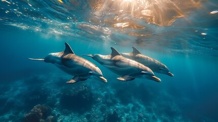 Obraz premium Mesmerizing underwater scene capturing pod of dolphin Delphinidae family gracefully swimming through crystalclear azure water their sleek body illuminated dappled sunlight filtering through ocean's