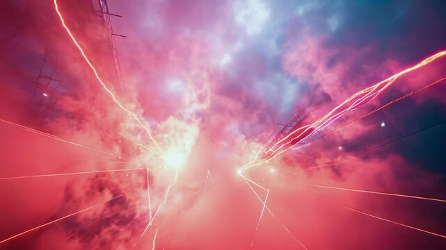 Bright laser beams pierce through dense red and blue fog at night, creating a surreal atmosphere. The light show, possibly in an urban setting, evokes a sense of wonder and excitement.