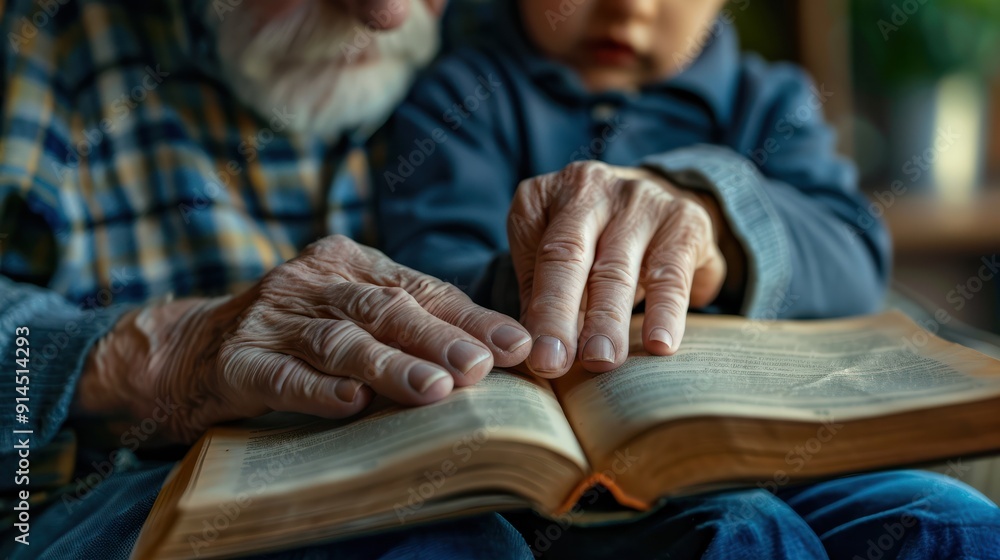 Wall mural cropped hands of caucasian grandfather assisting blind grandson in reading braille book at home unal