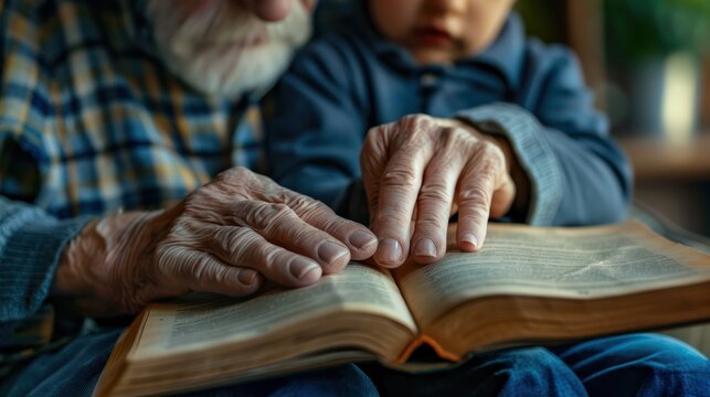 Cropped hands of caucasian grandfather assisting blind grandson in reading braille book at home Unaltered family togetherness childhood retirement education touching and disability con : Generative AI - Powered by Adobe