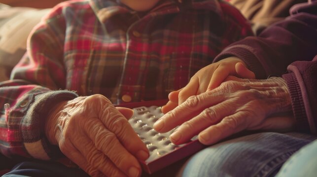 Cropped hands of caucasian grandfather assisting blind grandson in reading braille book at home Unaltered family togetherness childhood retirement education touching and disability con : Generative AI