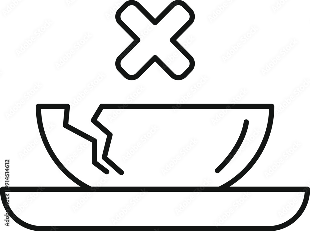 Poster line icon of a broken dish on a plate with a cross mark, representing a prohibition or restriction o