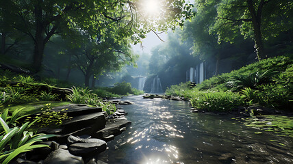 A Tranquil Riverside Scene with Lush Vegetation and Calm Waters
