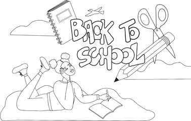 Illustration fille noire texte retour à l'école ciel nuages cahier ciseaux crayon vecteur