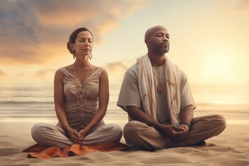 Middle aged handsome couple practicing meditation exercises on the beach. Digital detox and mental health concept.
