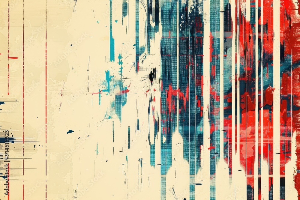 Aufkleber red and blue vertical glitch patterns on a cream background, with horizontal lines of red and blue g