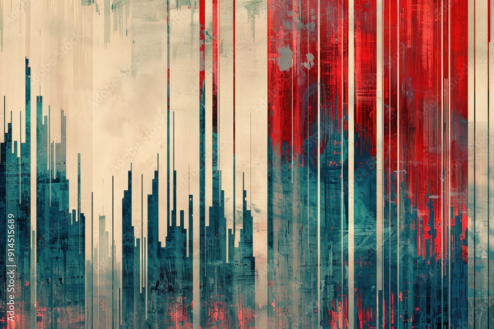Aufkleber red and blue vertical glitch patterns on a cream background, with horizontal lines of red and blue g
