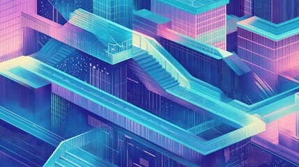 Futuristic Cityscape with Neon Lights and Geometric Architecture